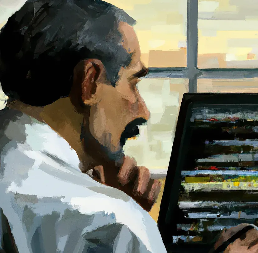 guy on laptop oil painting